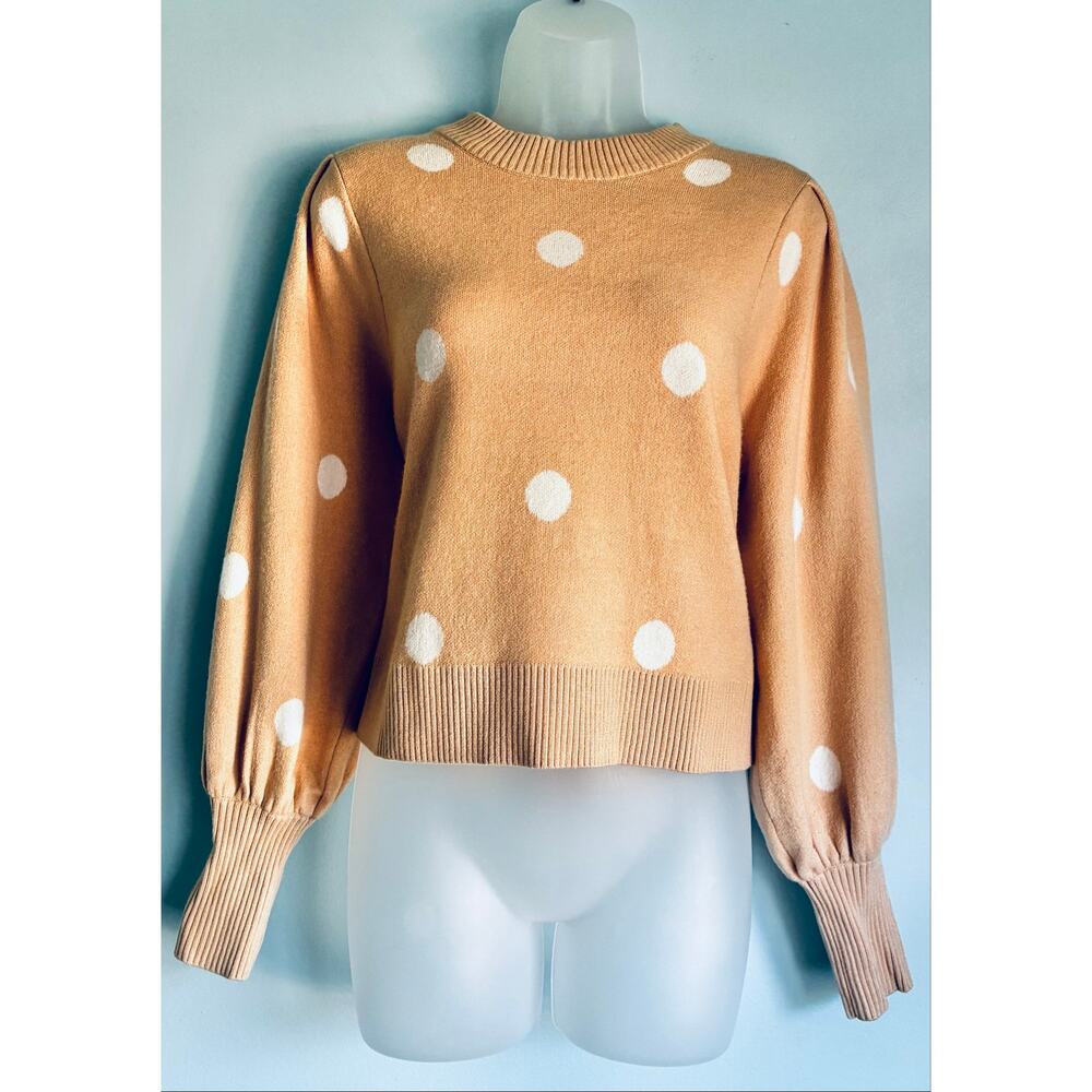 Anthropologie Philosophy Balloon Sleeve Sweater Tan White Polka Dot Large
